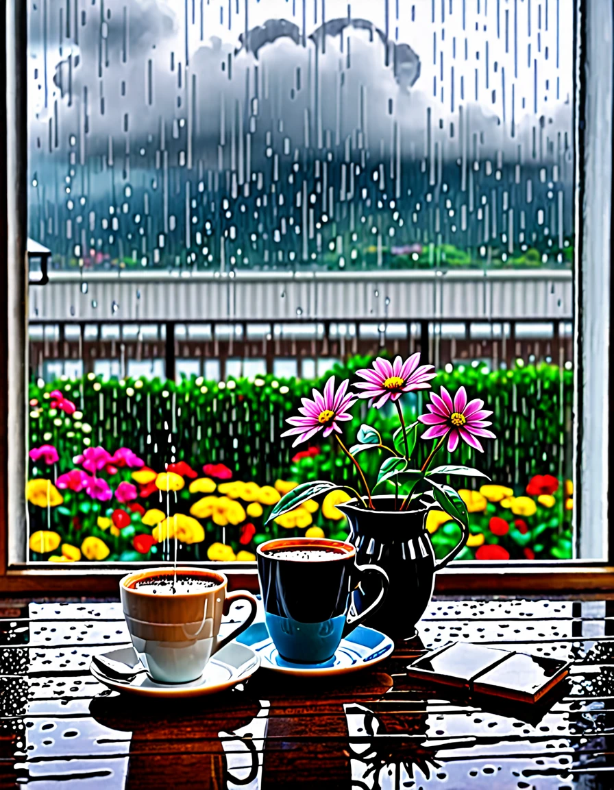 tea and coffee, rainy, background window with rainy cloud. flower on the table