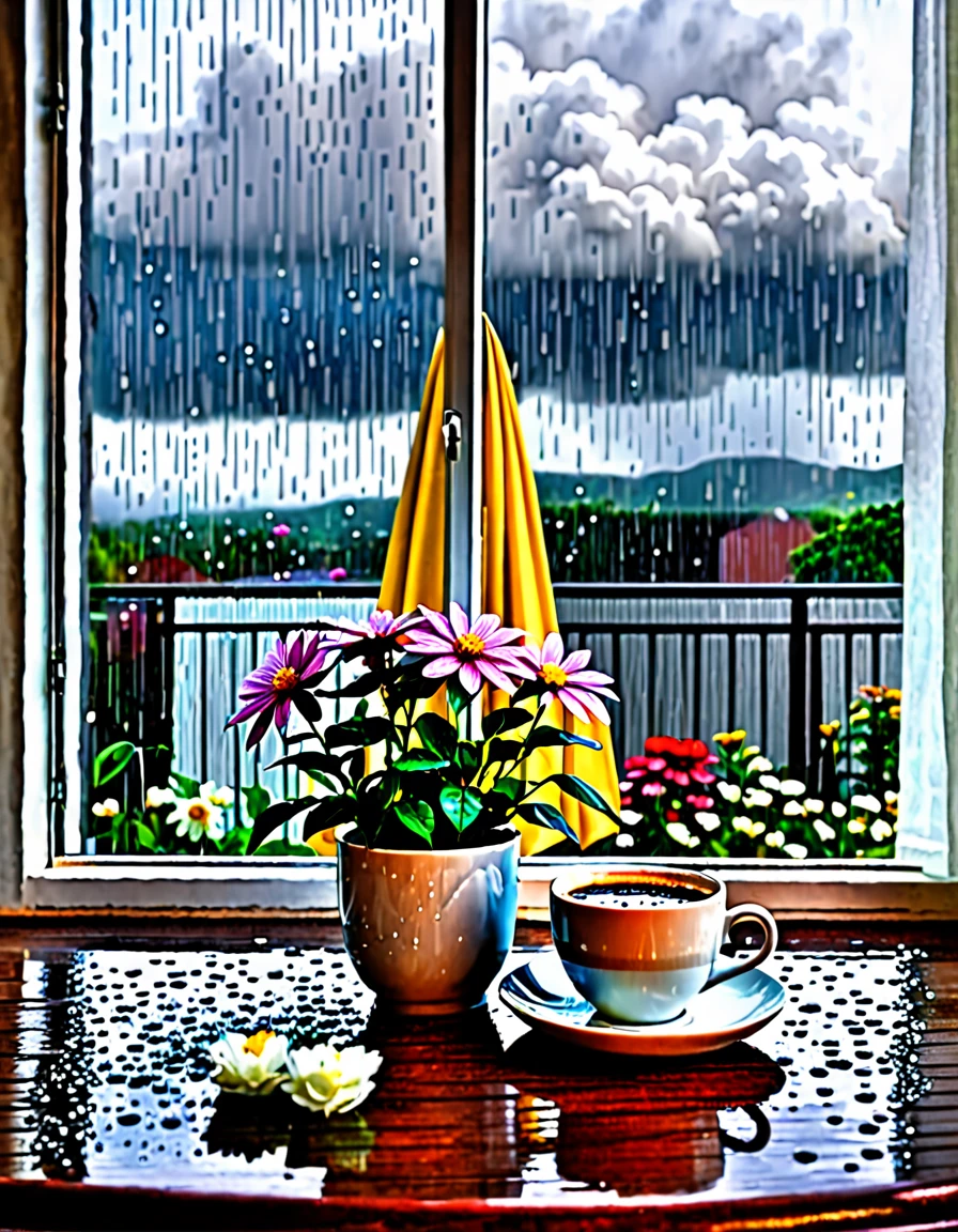 tea and coffee, rainy, background window with rainy cloud. flower on the table