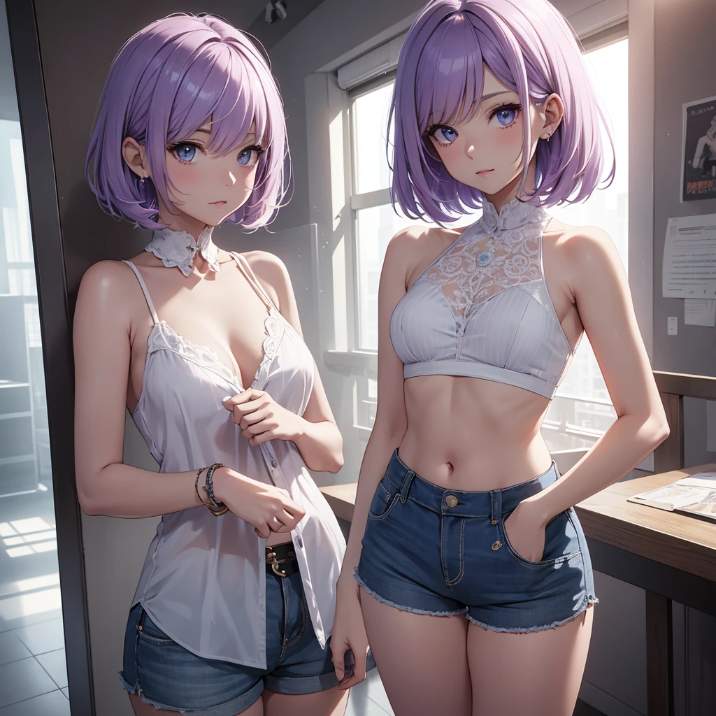 short lilac hair, short white sleeveless blouse, short blue shorts, white skin, monotonous look., 1girl, full body, ultra detailed, official art, insane details, 8k resolution, highly detailed, masterpiece, y, lolirl, idol, bishoujo,(Masterpiece:1.3), (best quality:1.3), official art, 8k, intricate details, high details, high resolution,