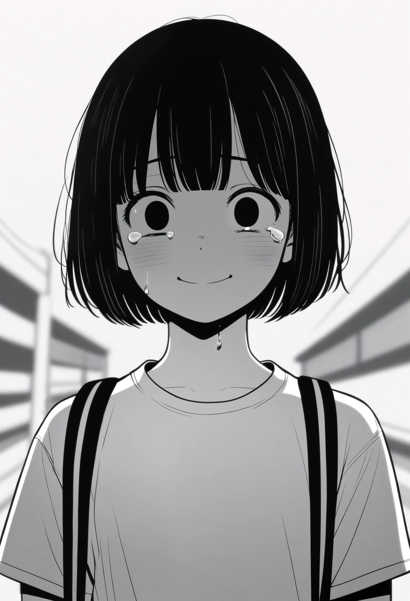 masterpiece, best quality, 1girl, mamerakkkkko, grayscale, manga style, japanese, chi no wadachi, black eyes, street, iced, black hair, schoolbag, smile, lineart, white background, white shirt, grey shorts, centered, 18 years old, tall, fair skinned, bokeh background, crying, tears, straight-on, tears streaming, bob cut