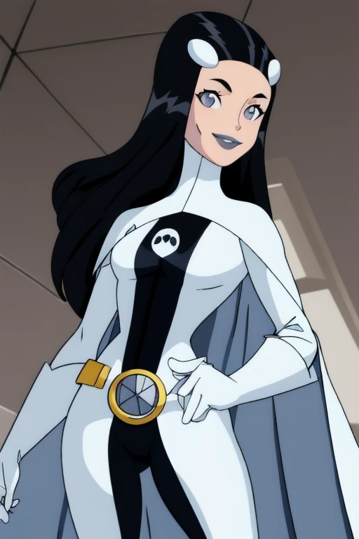 Phantom girl, Tinya Wazzo, solo, girl1, black hair, bodysuit. grey eyes, smile, grey lips, belt, white cape, white gloves, cape covering body, best quality, masterpiece, cowboy shot, from below, looking at viewer