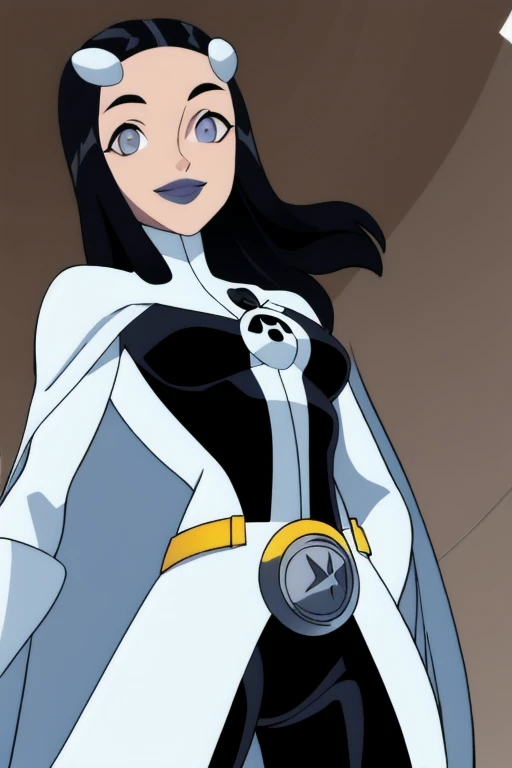 Phantom girl, Tinya Wazzo, solo, girl1, black hair, bodysuit. grey eyes, smile, grey lips, belt, white cape, white gloves, cape covering body, best quality, masterpiece, cowboy shot, from below, looking at viewer