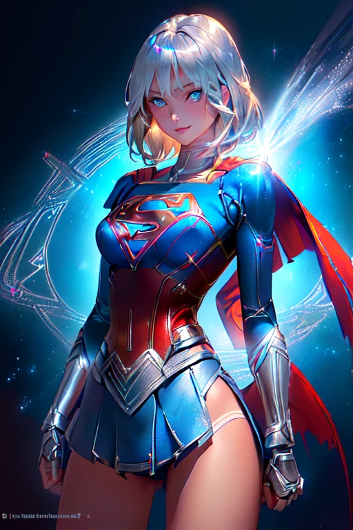 ((tanned adult woman), ((short blonde hair, blue colored eyes,)), slender and beautiful smile, ((dressed like a supergirl umlwotard, with silver details on the hips, tight in the booty)), red lipgloss stick, (( standing, looking at the camera )) , Masterpiece artwork, high qualiy, back-illuminated ))