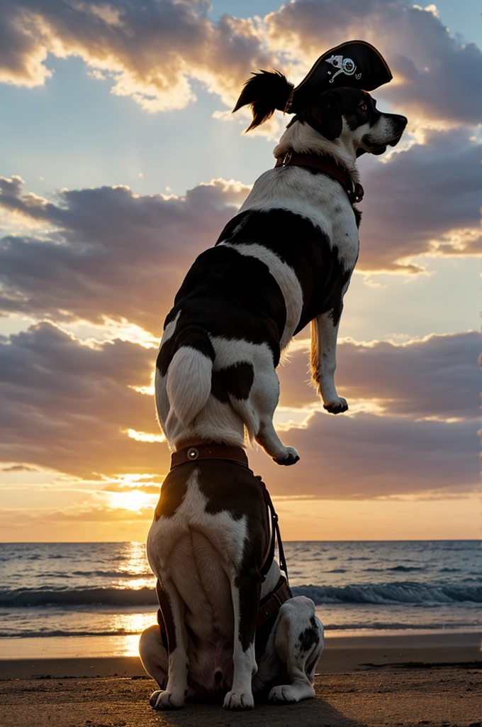 Pirate dog anime from the back looking at a sunset with a pirate hat, His coat has turned white with brown spots.