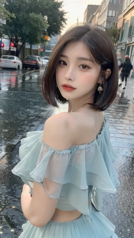 ((Best Quality, 8k, Masterpiece: 1.3)), Focus: 1.2, Perfect Body Beauty: 1.4, Buttocks: 1.2, ((Layered Haircut : 1.2)), (Rain, Street:1.3), Bandeau Dress: 1.1, Highly Detailed Face and Skin Texture, Fine Eyes, Double Eyelids, Whitened Skin, Long Hair, (Shut Up: 1.3), Full Body, big brasts