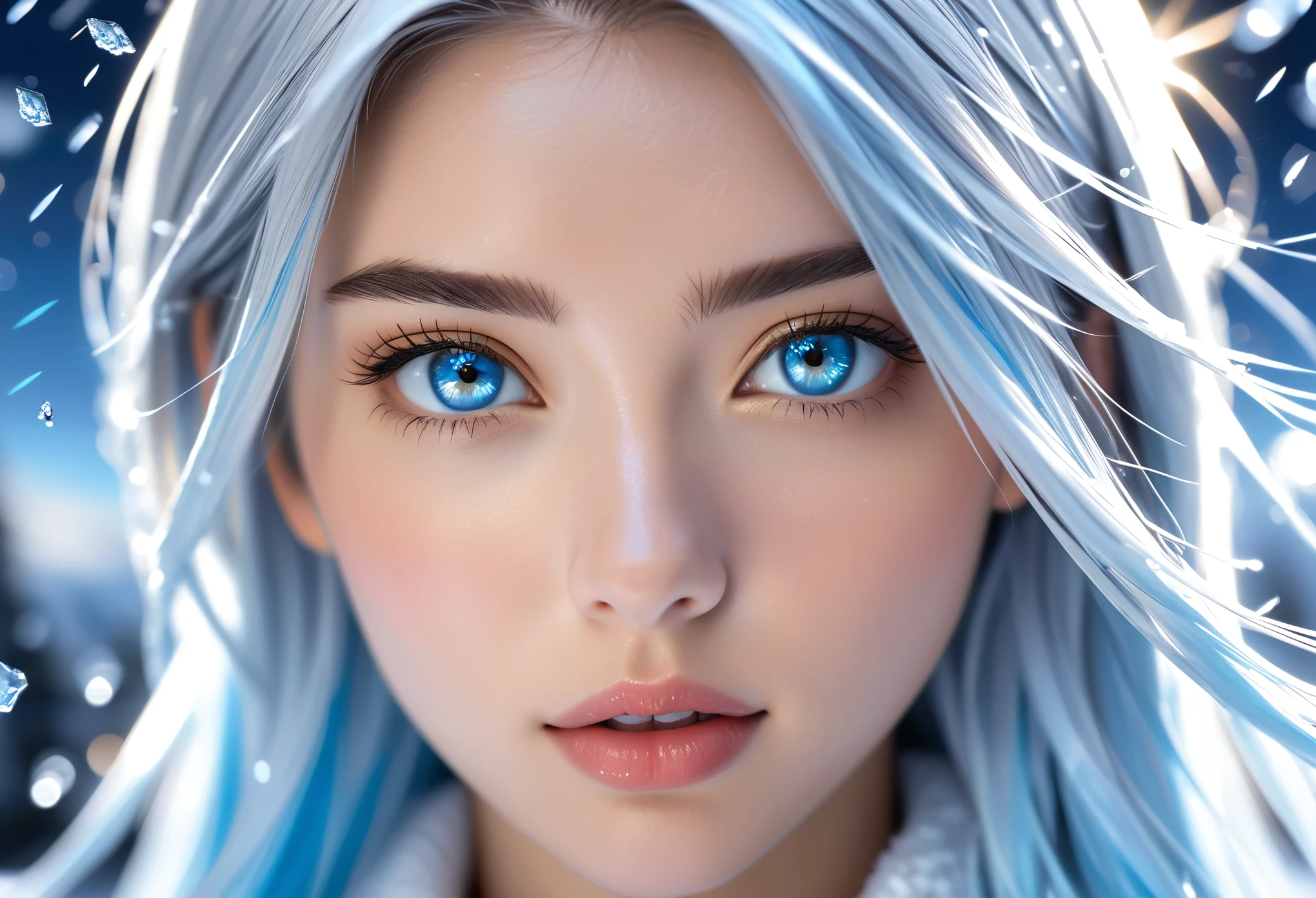 beautiful, young woman, in the crystal and ice area, fluttering ice, snowing, streaked hair, sliver hair, sky blue hair, long hair, blue eyes, eye reflection, disdain, ray tracing, reflection light, blurry, glowing light, shallow depth of field, chiaroscuro, stereogram, zoom layer, side, bokeh, masterpiece, best quality, high quality, HD