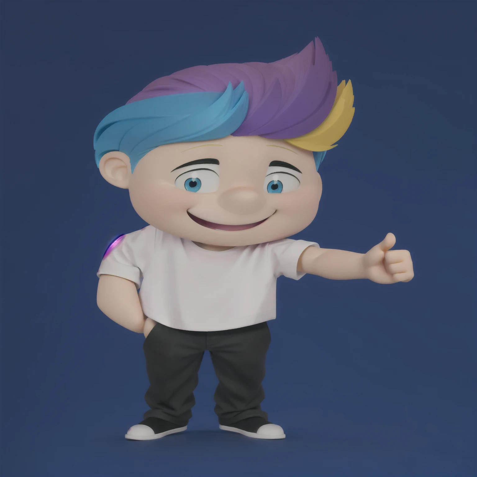 good-great,3d, bright coloured, high qualiy, 1, young man smiling, Big eyes, colored hair, 4 cores CMYK, hair blue, Pink, yellow and black, white shirt, fully body, positive sign, hand in pocket disney pixar style,