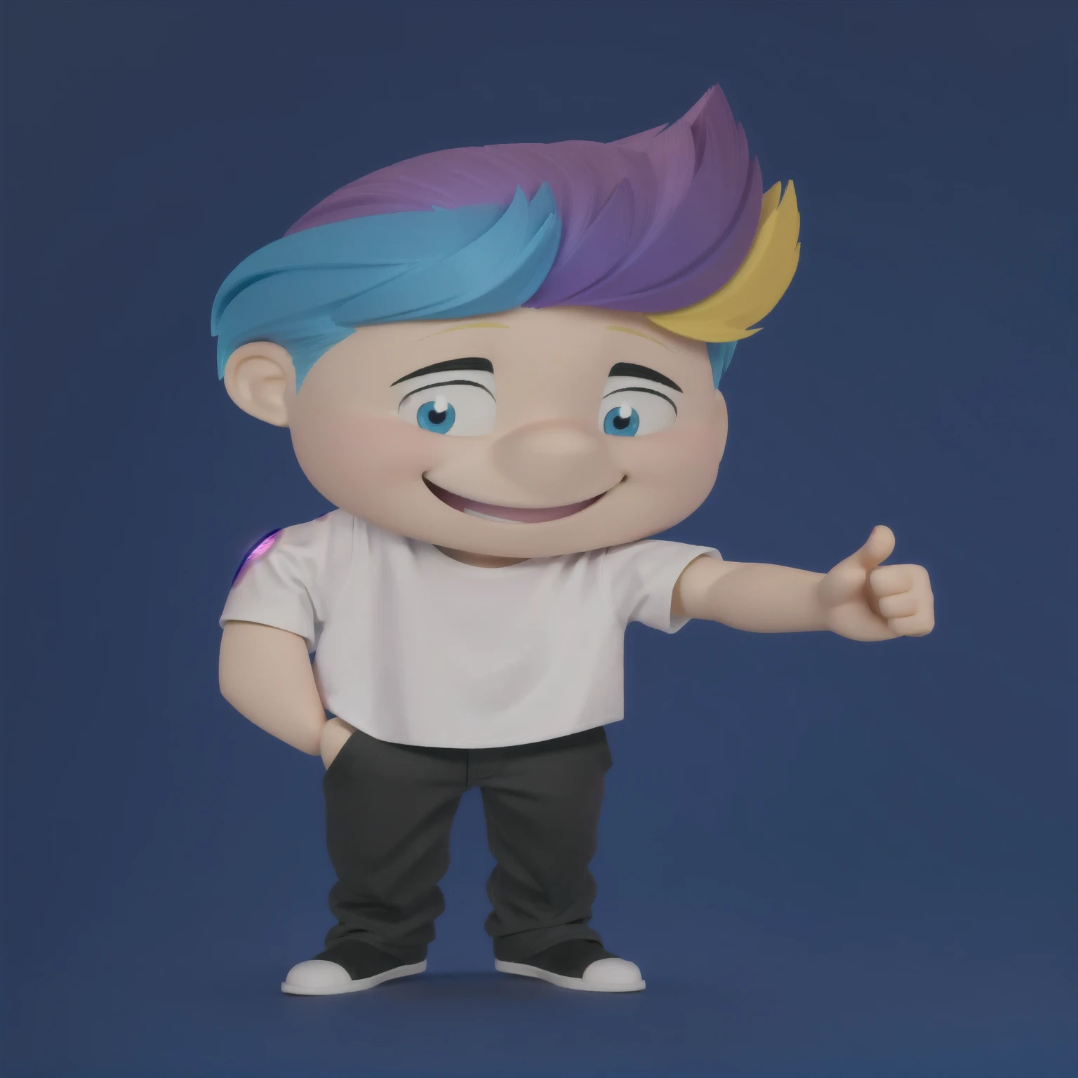 good-great,3d,  bright coloured, high qualiy, 1, young man smiling, Big eyes, colored hair, 4 cores CMYK, hair blue, Pink, yellow and black, white  shirt, fully body, positive sign, hand in pocket disney pixar style,