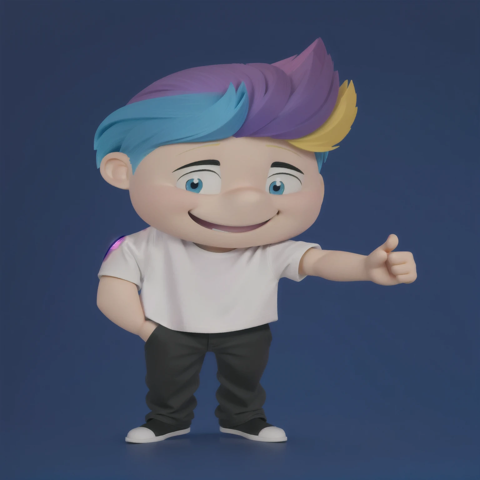 good-great,3d,  bright coloured, high qualiy, 1, young man smiling, Big eyes, colored hair, 4 cores CMYK, hair blue, Pink, yellow and black, white  shirt, fully body, positive sign, hand in pocket disney pixar style,