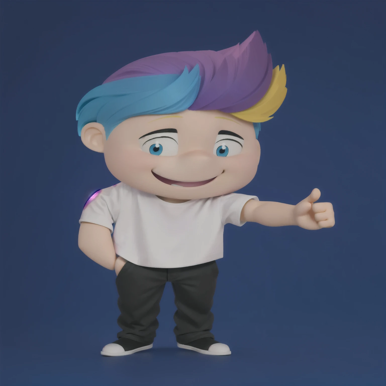 good-great,3d, bright coloured, high qualiy, 1, young man smiling, Big eyes, colored hair, 4 cores CMYK, hair blue, Pink, yellow and black, white shirt, fully body, positive sign, hand in pocket disney pixar style,
