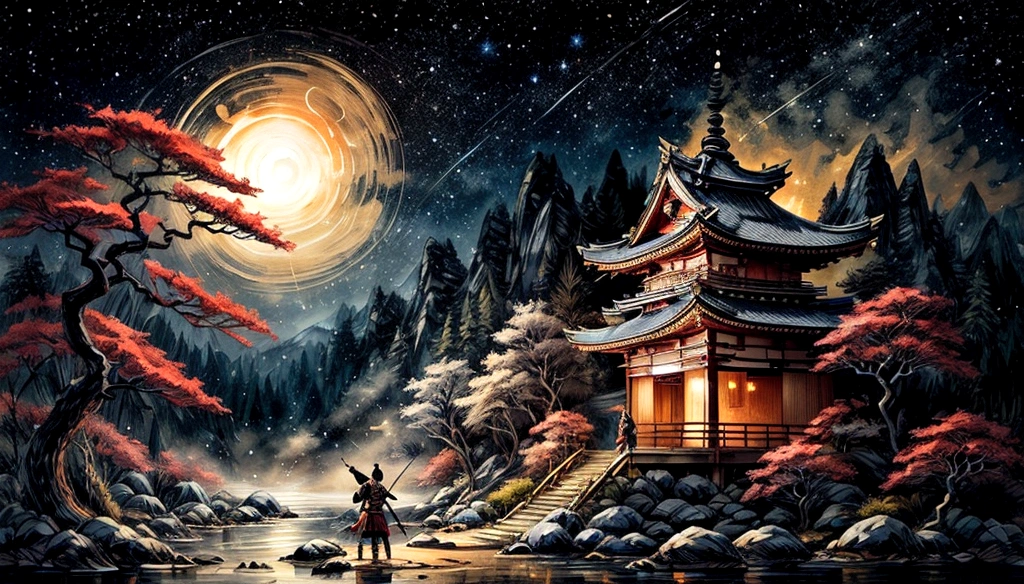 samurai kneeling in front of a flame of fire on a candlestick gold on a low table behind a japanese style house an environment at nigth this samurai is bein illuminated by the flame of that, holding a katana, Starry skies and mist shroud the landscape.