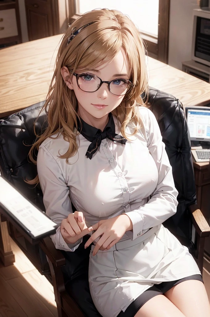 Masterpiece, 最high quality, high quality, High resolution, high quality texture, high quality shadows, High resolution, Beautiful details, Detailed CG, Detailed Texture, Realistic representation of face, Realistic, colorful, delicate, Cinematic Light, Side light, Lens flare, Ray Tracing, sharp concentrated, (1 Girl,concentrated:1.3), ( Intricate details, compensate, PureErosFaceV1:0.5), (細部まで美しいdelicateな顔, 緻密で美しいdelicateな瞳, Perfect Facial Proportions, Dense skin, Optimal ratio of four fingers to one thumb,Unified 8k wallpaper, Arms under chest, Modest chest, Wide Hips, Smooth upper abdomen, 35 years old, blue eyes, glasses, air fortress hair, blonde hair, house wife, the gaze of true love, lips of temptation, A look full of compassion ,a smile full of love, i love you, Acting lovey-dovey, I love you so much I'm crazy,
cabin attendant uniform,white blouse,tight fitting black skirt,black stockings, excellent secretary ,working as a secretary, wooden desk, wooden chair