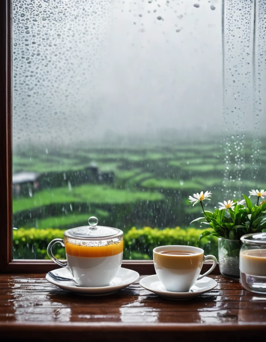 tea and coffee, rainy, background window with rainy cloud. flower on the table