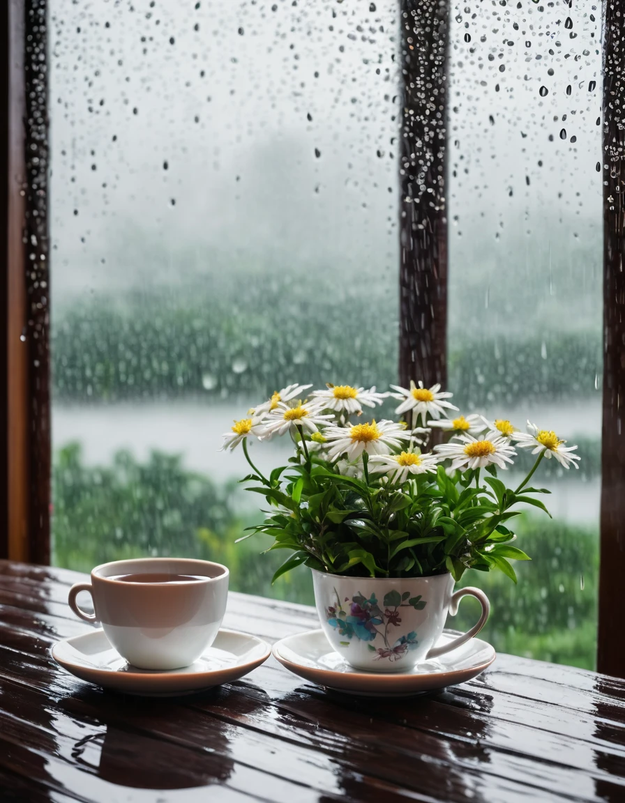 tea and coffee, rainy, background window with rainy cloud. flower on the table