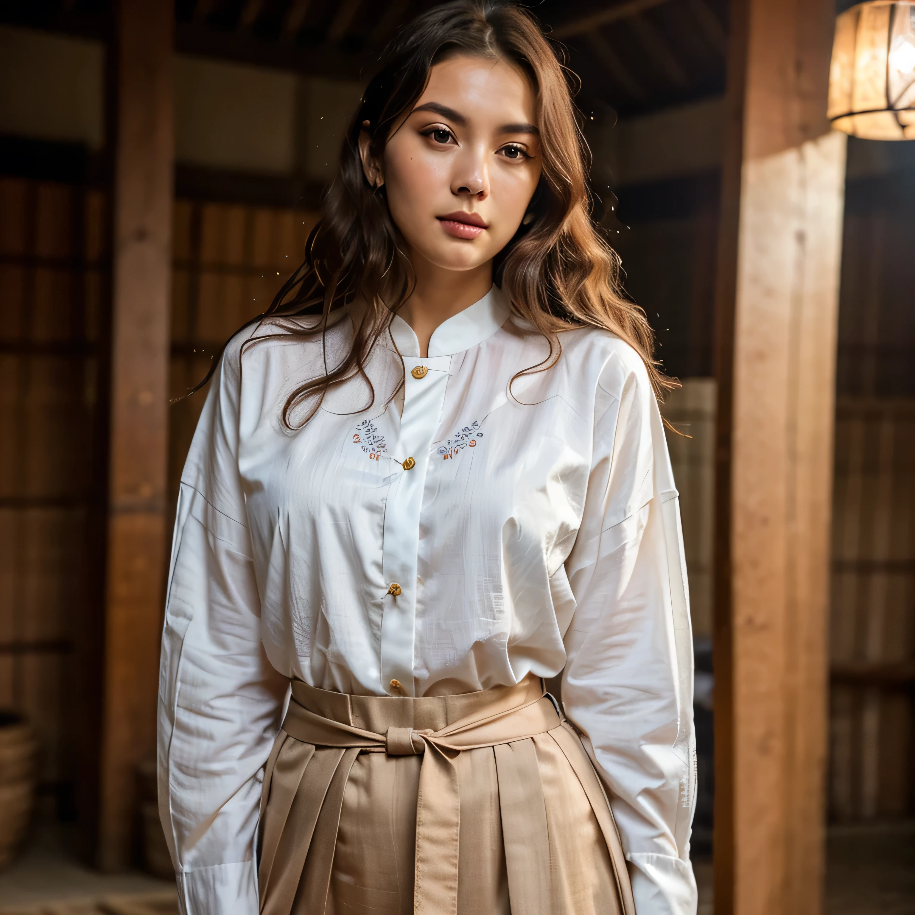 Full-body image, Beautiful brunette with dark brown eyes, cute appearance, thailand peasant clothing, thailand traditional clothes, naturally wavy hair, detailed facial features, beautiful intricate details, Elegant Pose, warm lighting, cinematic composition, high quality, photorealistic, digital painting, vibrant colors, beautiful lighting, 8K, hyper detailed