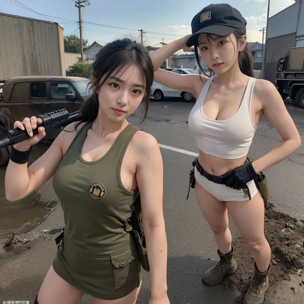 (8K, RAW Photos, Highest quality, masterpiece:1.2),(Realistic, Realisticな写真:1.4),(非常に詳細な CG Unity 8K 壁紙),(Round face: 1.5), (Detailed pupil:1.3),(Cool eyes:1.1),(A small smile:1.1),(Unforgettable Eyes:1.1),(Your eyes are so beautiful:1.1),
24-years-old, Japanese women, Dirty Face, Covered in scars、Bronze Skin, U in clothes.s. Marine Corps Uniform,Bulletproof vest、Backpack、Heavy machinery、 Fighting on the battlefield, Strong muscles, World war, Modern warfare theme,armyの少女, Assault rifle with accurate details, (Gripping the rifle: 1.3), (Aim そして hold the rifle.: 1.3), Gunfight, army, Baseball cap, car on fire, war zone,, explosion, Burning City, cigarette, Torn Tank Tower, belly button, Gloves, 破れたarmy用パンツ, Faces stained with mud and blood, Sweaty skin, bloody skin, Muddy skin, declaration of determination, Precise Representation, Highest quality, Ultra-high resolution, Realisticな, Spirit、Physically Based Rendering(Physically Based Rendering(Physically Based Rendering)), Cinema Lighting, Complex, Cinematic look,Cinematic soft light, Pleasant tone of voice, Battlefield Background, Background of urban warfare, Realistic, Cowboy Shot, Dynamic Angle,, Mahindrathar, electric wire, 8K!!, 偉大なmasterpiece,, make: Tom Karafik, (((Half naked with breasts visible))), (((Nipples peeking out from tank top)))