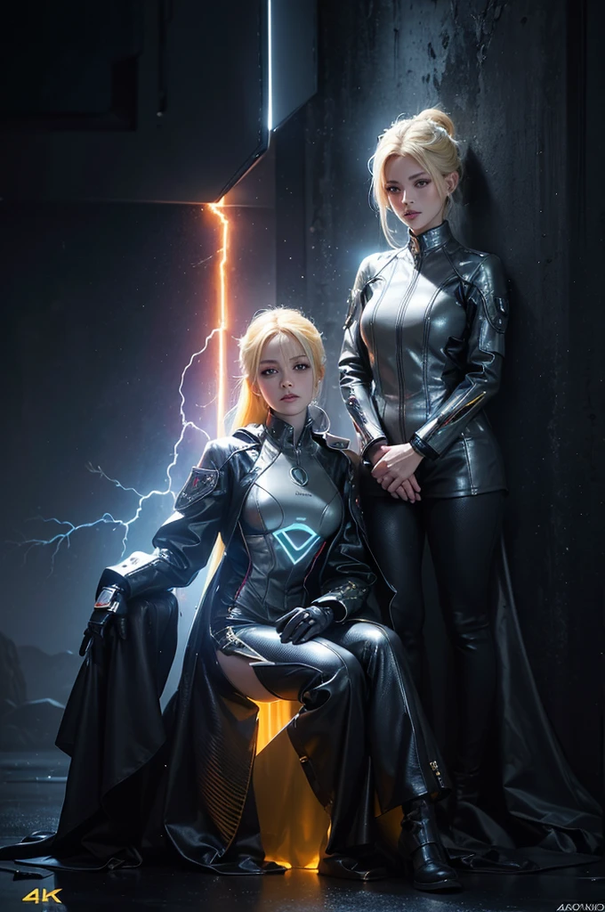 A beautiful young girl with yellow hair, a tight lightning-themed suit, and small breasts, wielding alien thunder weapons in a thunderstorm backdrop, (best quality,4k,8k,highres,masterpiece:1.2),ultra-detailed,(realistic,photorealistic,photo-realistic:1.37),extremely detailed eyes and face,beautiful detailed lips,longeyelashes,lightning effects,dynamic pose,dramatic lighting,vibrant colors,sci-fi,concept art