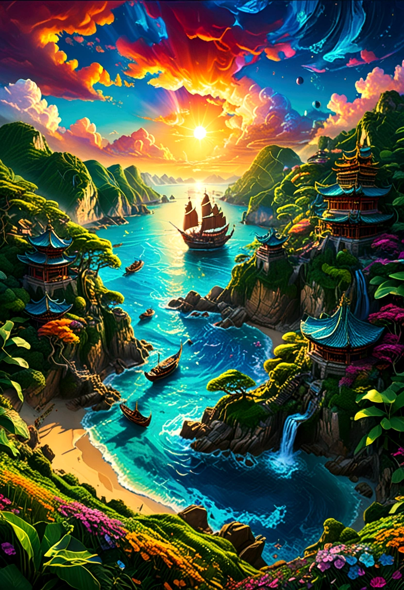 Sunrise Time, sun, by Michael Breitung and Ryan_Yee, best quality, masterpiece, very aesthetic, perfect composition, intricate details, ultra-detailed