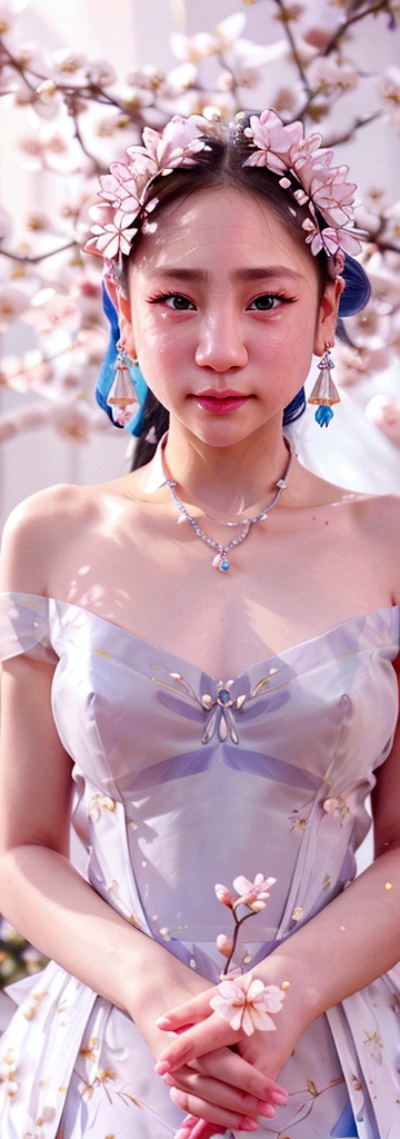work of art, best qualityer, illustration, blue saxophone, Platinum Earrings, Platinum Necklace, white gown, 1 girl, cute, (dynamic lighting:1.2), cinematic lighting, Delicate facial features, detailedeyes, sharp pupils, realistic pupils, Depth of field, bokeh, sharp focus, (超detailded, blossom, sheen:1.4), lots of little jewels