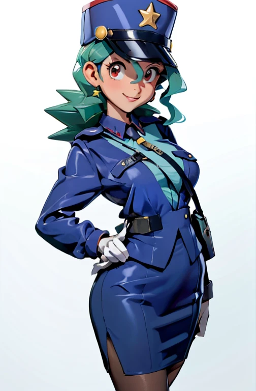 (masterpiece, best quality:1.2) officer jenny, pokemon, 1girl, solo, long hair, breasts, looking at viewer, smile, red eyes, green hair, huge breasts, green hair, white gloves, police hat, miniskirt, bag, star (symbol), uniform, blue skirt, hand on hip, blue shirt, pencil skirt, brown pantyhose, motor vehicle, ground, vehicle, police uniform, simple background, skirt suit, (((three-piece suit))), (((necktie))), blazer, (((suit jacket))), (((waistcoat))), double-breasted waistcoat, bodycon miniskirt, pencil skirt,