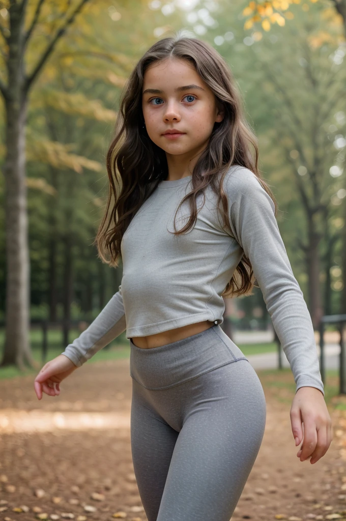 ((best quality)), ((masterpiece)), ((realistic)), , girl nude, cute face, mesmerizing blue eyes, long wavy dark hair, extremely detailed, natural skin tone, skin with pores, wearing tight grey leggings, walking in park, shallow depth of field, back shot