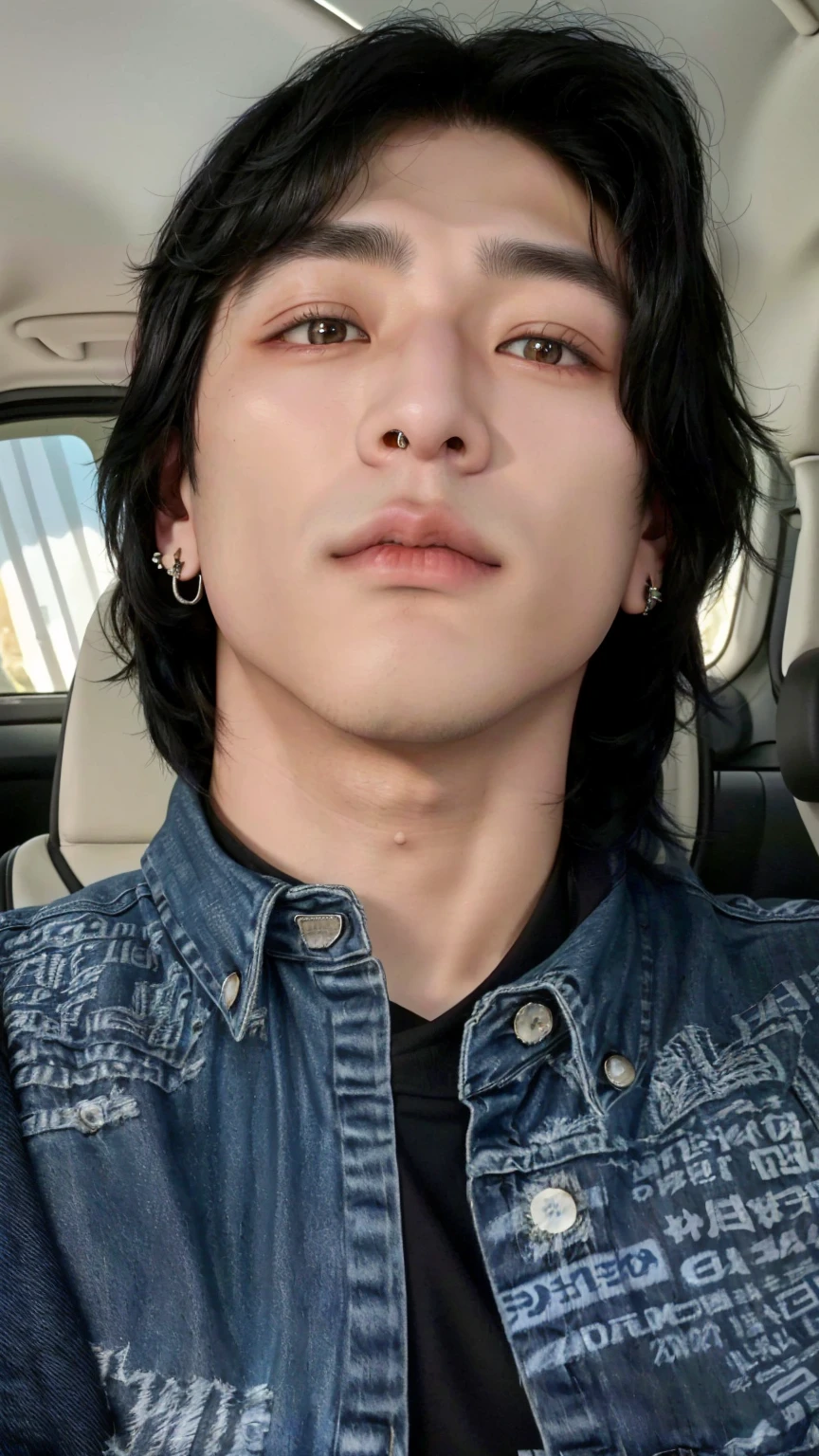 Asian man with a nose piercing and a denim jacket., jungkook\his right eyelid is swollen, jungkook\full lips, taken in the early 2020s, glare, small, slanted eyes, Pointed nose, light blue and penetrating eyes, androgynous face, jungkook, Asian man with black jacket and earrings in a car. Jungkook's eyes are slanted and blue, jungkook, , black haired jungkook, jungkook\full lips, jeon Jungkook, pale korean adorable face. Man with detailed gray eyes. pink lips. jungkook with freckles and pale skin.