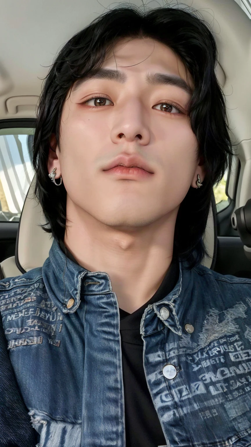 Asian man with a nose piercing and a denim jacket., jungkook\his right eyelid is swollen, jungkook\full lips, taken in the early 2020s, glare, small, slanted eyes, Pointed nose, light blue and penetrating eyes, androgynous face, jungkook, Asian man with black jacket and earrings in a car. Jungkook's eyes are slanted and blue, jungkook, , black haired jungkook, jungkook\full lips, jeon Jungkook, pale korean adorable face. Man with detailed gray eyes. pink lips. jungkook with freckles and pale skin.