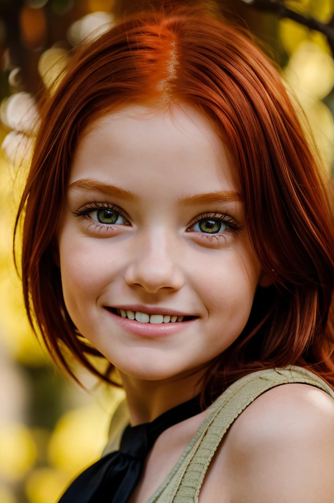  (child), red haired, yellow eyes, smiling, her yellow eyes focused at you.