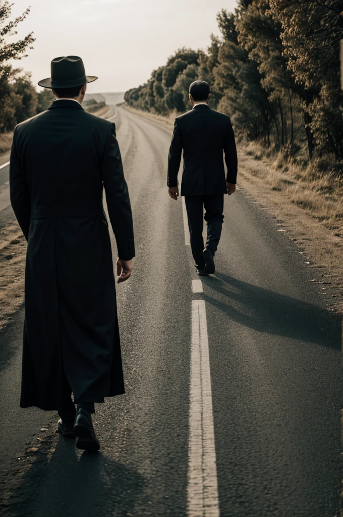 The devil and death watching a man walking along a road