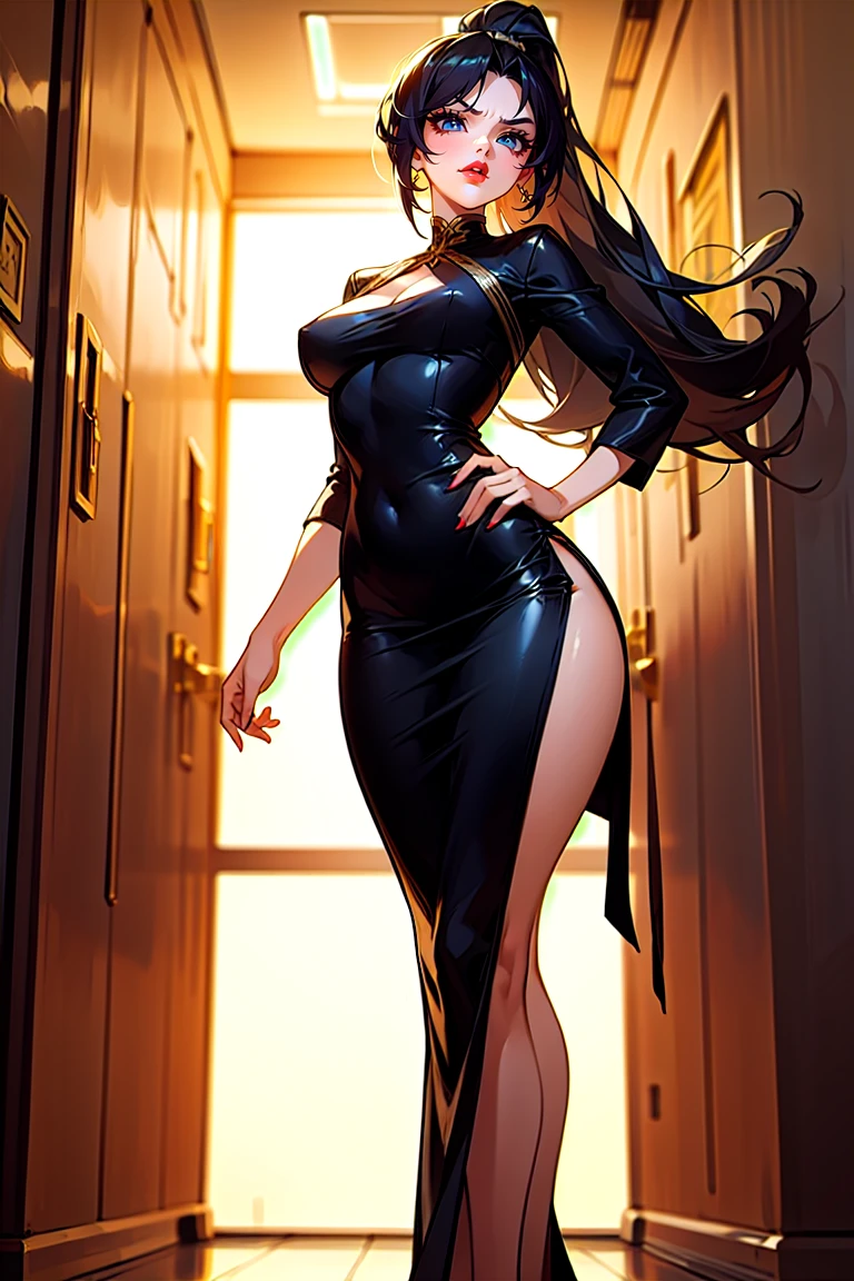 (best quality, masterpiece:1.2), girl standing in a department hallway, latina, black long hair, ponytail, bangs, red lips, glossy lips, big eyelashes, detailed eyes, wide hips, perfect breasts, tight black dress, cotton dress, double slit, high slit dress, light makeup, angry, looking at viewer, take from below,