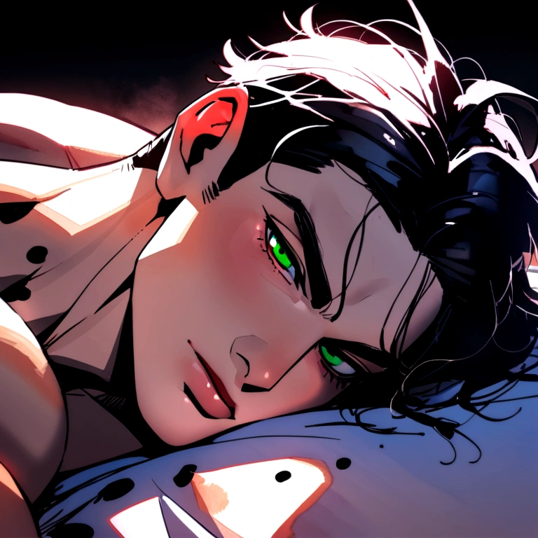(Best Quality),(Masterpiece:1.2), (showy:0.9), (ink splash),(color splash),((watercolor)), Clear and sharp focus, model photo,, (portrait of beautiful boy) short black hair, green eyes, laying on the bed, something muscular.. 23 years, lying face down, big ass, wrinkled year, beautiful chico, somewhat small but attractive penis, gay, beautiful, beautiful young boy nice ass
