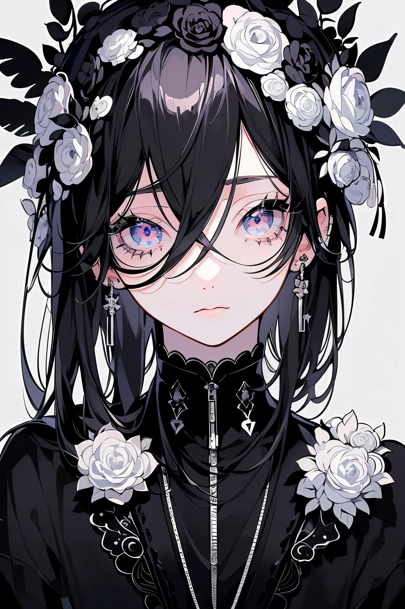 (Mastepiece), (Best Quality), Very detailed, 1 boy, Solo Shooting, Perfect Face, Beautiful Face, Very detailed顔,(Black and white hair:1.3),(Big eyes:1.4),(Long eyelashes:1.4)、(Black eyes:1.3)、Lots of flowers