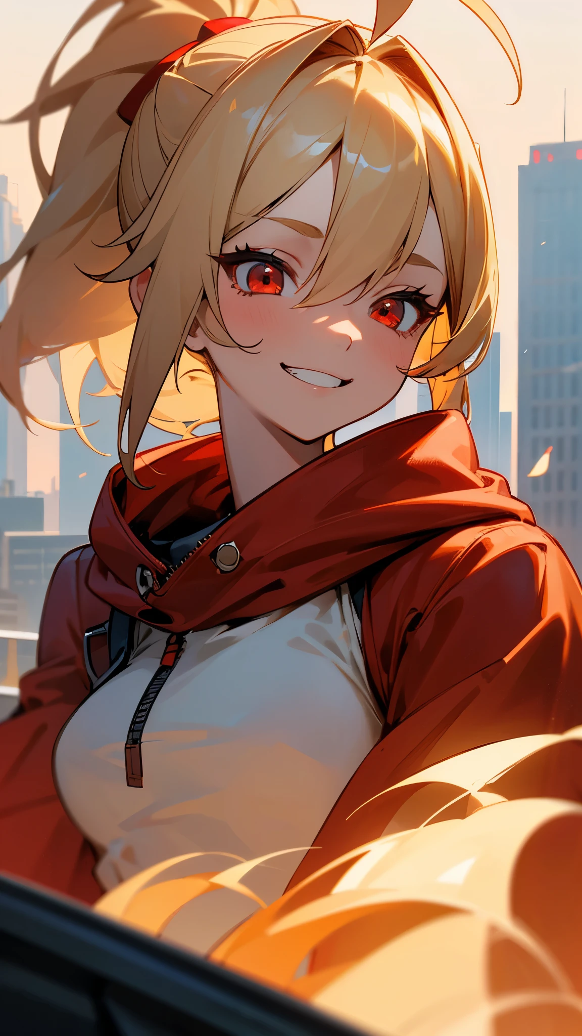 1 Girl、solo、Wearing a red hoodie、Wear leather gloves、Blonde ponytail、Ahoge、Beautiful red eyes、Grin、Highly detailed face、Upper body close-up、Ultra-detailed illustrations、Golden Hour Sky、Skyscraper rooftop