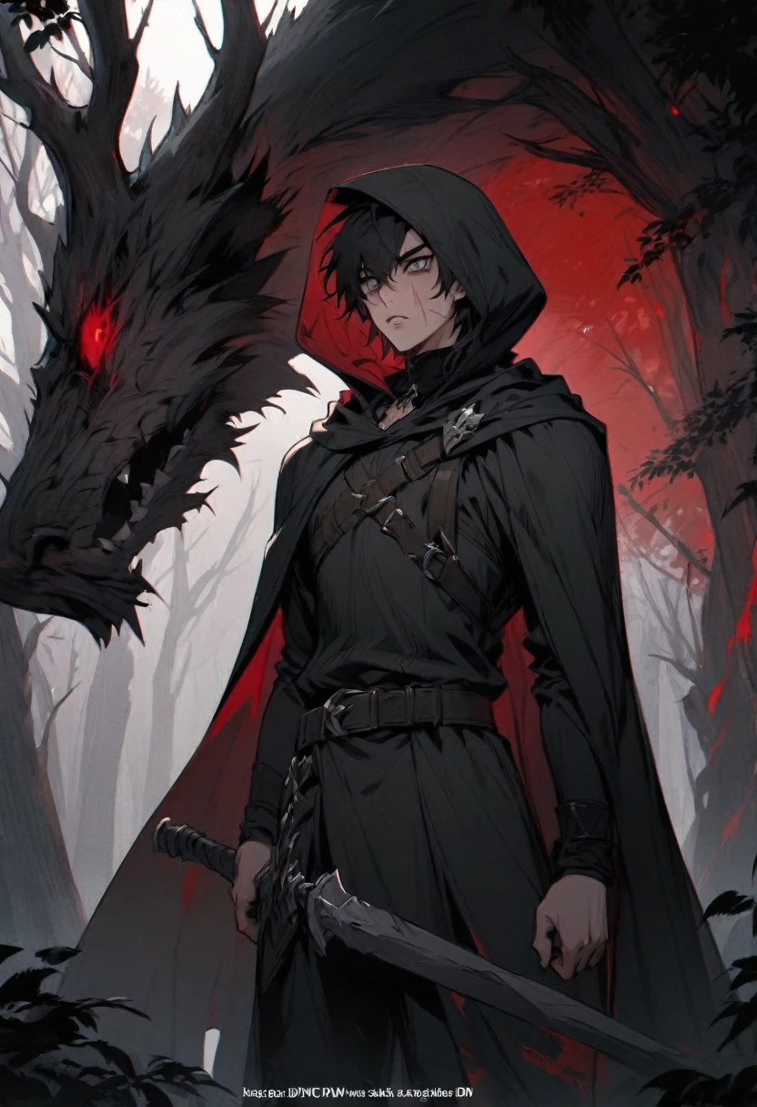 young man ,Male Dark, dark Woods,Red & Black colors, gray eye, rogue dnd, wear cape, hood, have scar