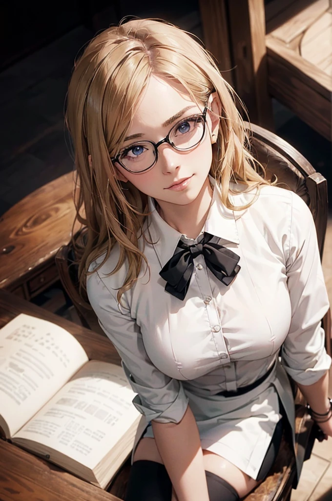 Masterpiece, 最high quality, high quality, High resolution, high quality texture, high quality shadows, High resolution, Beautiful details, Detailed CG, Detailed Texture, Realistic representation of face, Realistic, colorful, delicate, Cinematic Light, Side light, Lens flare, Ray Tracing, sharp concentrated, (1 Girl,concentrated:1.3), ( Intricate details, compensate, PureErosFaceV1:0.5), (細部まで美しいdelicateな顔, 緻密で美しいdelicateな瞳, Perfect Facial Proportions, Dense skin, Optimal ratio of four fingers to one thumb,Unified 8k wallpaper, Arms under chest, Modest chest, Wide Hips, Smooth upper abdomen, 35 years old, blue eyes, glasses, air fortress hair, blonde hair, house wife, the gaze of true love, lips of temptation, A look full of compassion ,a smile full of love, i love you, Acting lovey-dovey, I love you so much I'm crazy,
cabin attendant uniform,white blouse,tight fitting black skirt,black stockings, excellent secretary ,working as a secretary, wooden desk, wooden chair
