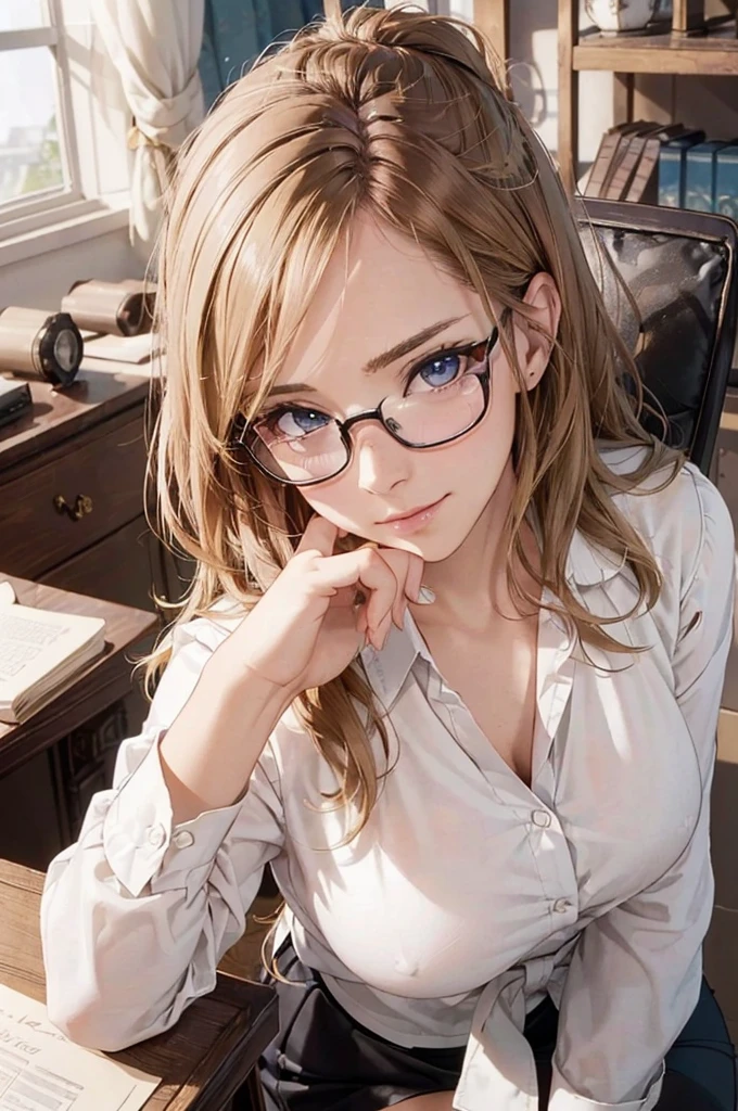 Masterpiece, 最high quality, high quality, High resolution, high quality texture, high quality shadows, High resolution, Beautiful details, Detailed CG, Detailed Texture, Realistic representation of face, Realistic, colorful, delicate, Cinematic Light, Side light, Lens flare, Ray Tracing, sharp concentrated, (1 Girl,concentrated:1.3), ( Intricate details, compensate, PureErosFaceV1:0.5), (細部まで美しいdelicateな顔, 緻密で美しいdelicateな瞳, Perfect Facial Proportions, Dense skin, Optimal ratio of four fingers to one thumb,Unified 8k wallpaper, Arms under chest, Modest chest, Wide Hips, Smooth upper abdomen, 35 years old, blue eyes, glasses, air fortress hair, blonde hair, house wife, the gaze of true love, lips of temptation, A look full of compassion ,a smile full of love, i love you, Acting lovey-dovey, I love you so much I'm crazy,

cabin attendant uniform,white blouse,tight fitting black skirt,black stockings, excellent secretary ,working as a secretary, wooden desk, wooden chair