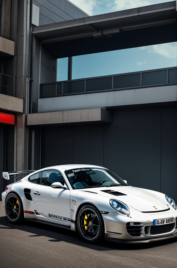 Porshe gt 2 sideways in a futuristic retro city