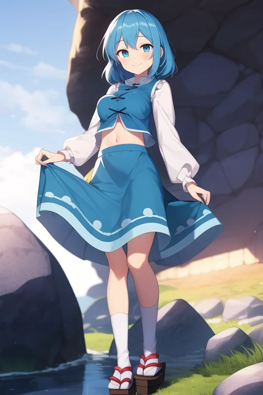 ((best quality)), ((masterpiece)), (detailed), 1girl, Touhou, Tatara Kogasa, medium sized breasts, smiling expression, blue hair, different colored eyes, red colored eye, blue colored eye, blue feminine blouse, long sleeves feminine blouse, light blue skirt, long socks, japanese sandals, girl on stone trail, village background, girl standing, full body, wide shot, open blouse, stomach, navel