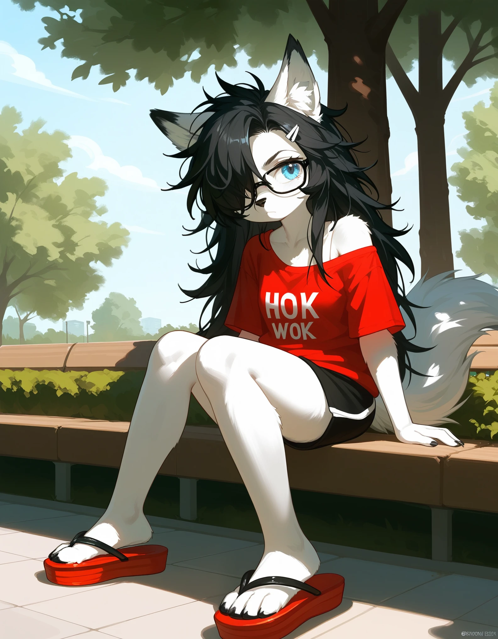 Solo, score_9,score_8_up,score_7_up, a young nerdy Anthro furry wolf woman, wolf snout, white furry body, tall body, long black messy hair, black hair, (hair in a pony tail):1.3, hair covering one eye, black glasses, blue eyes, white wolf ears, small breasts, wearing oversized red t shirt, exposed shoulder, black boy shorts, outdoors, at a park, pouting, sitting under a shady tree, wearing flip flops, feet paws, 4 toes, 