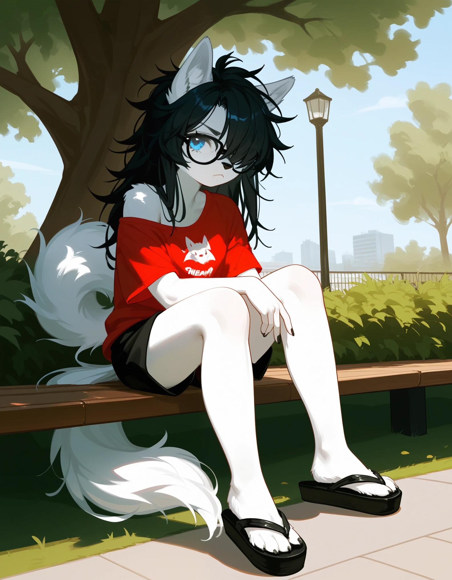 Solo, score_9,score_8_up,score_7_up, a young nerdy Anthro furry wolf woman, wolf snout, white furry body, tall body, long black messy hair, black hair, (hair in a pony tail):1.3, hair covering one eye, black glasses, blue eyes, white wolf ears, small breasts, wearing oversized red t shirt, exposed shoulder, black boy shorts, outdoors, at a park, pouting, sitting under a shady tree, wearing flip flops, feet paws, 4 toes,