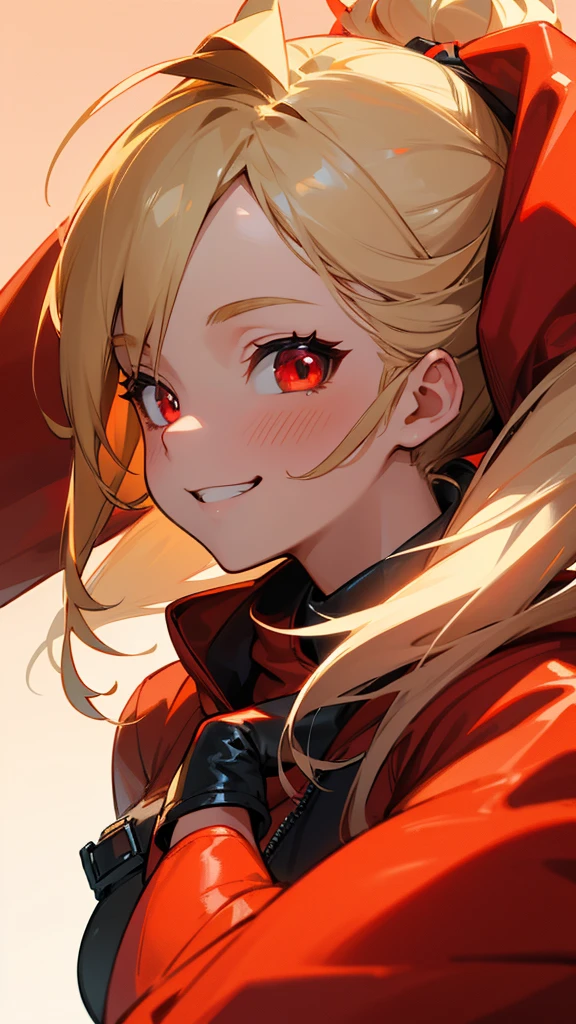 1 Girl、solo、Wearing a red hoodie、Wear leather gloves、Blonde ponytail、Ahoge、Beautiful red eyes、Grin、Highly detailed face、Upper body close-up、Ultra-detailed illustrations、Golden Hour Sky、Skyscraper rooftop