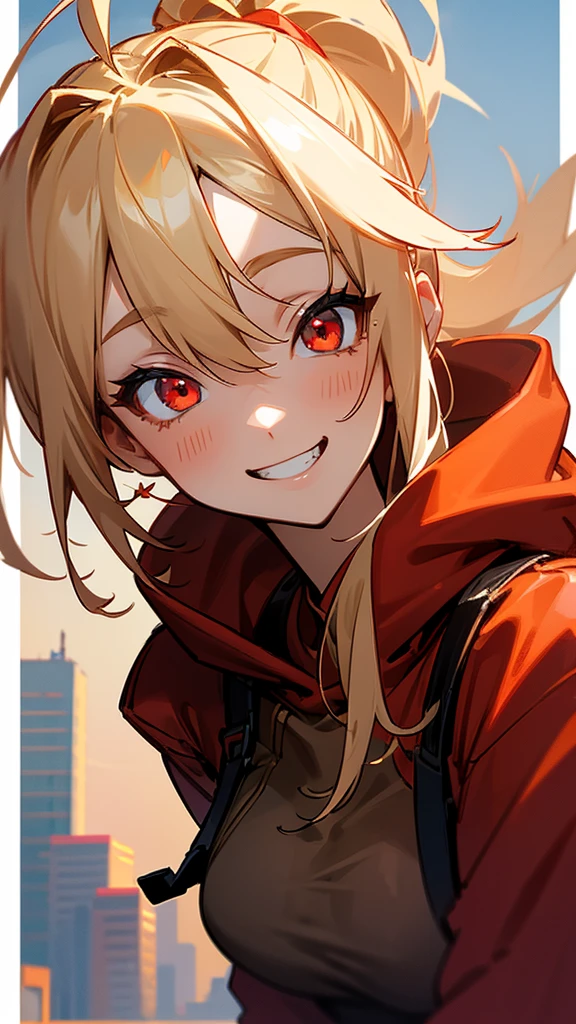 1 Girl、solo、Wearing a red hoodie、Wear leather gloves、Blonde ponytail、Ahoge、Beautiful red eyes、Grin、Highly detailed face、Upper body close-up、Ultra-detailed illustrations、Golden Hour Sky、Skyscraper rooftop