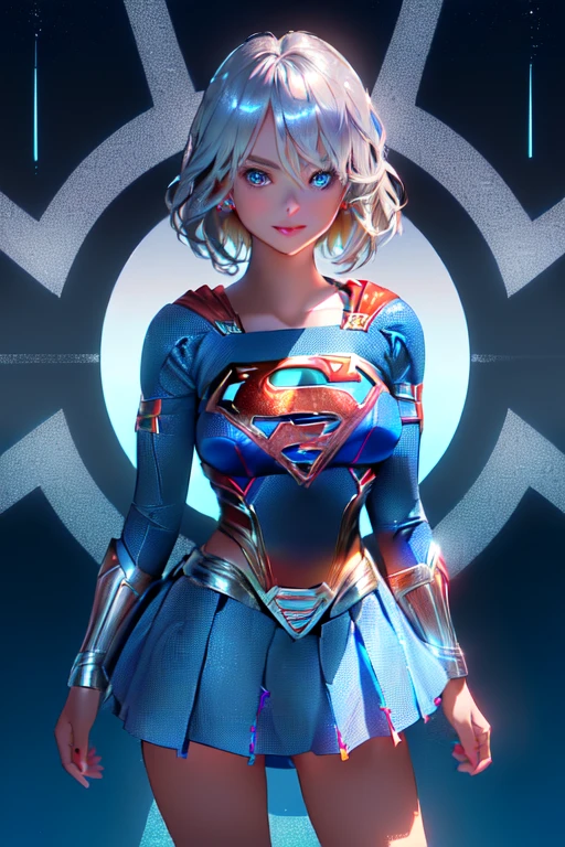 ((tanned adult woman), ((short blonde hair, blue colored eyes,)), slim and beautiful smile, ((dressed like a supergirl umlwotard, ( without mini skirt), with silver details on the hips, right on the butt)), red lipgloss stick, ( (standing, looking at the camera)), Masterpiece artwork, high qualiy, back-illuminated))