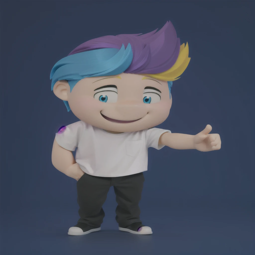 good-great,3d,  bright coloured, high qualiy, 1, young man smiling, Big eyes, colored hair, 4 cores CMYK, hair blue, Pink, yellow and black, white  shirt, fully body, positive sign, hand in pocket disney pixar style,
