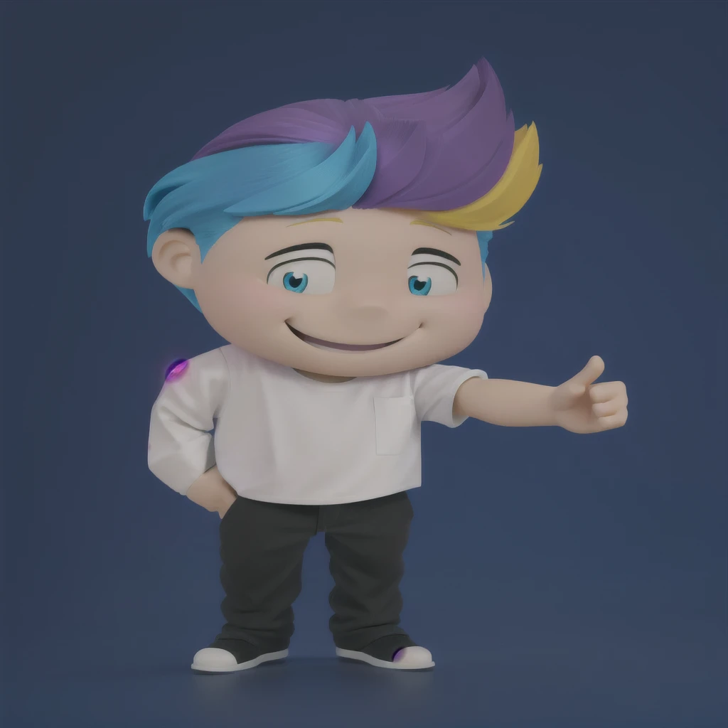 good-great,3d, bright coloured, high qualiy, 1, young man smiling, Big eyes, colored hair, 4 cores CMYK, hair blue, Pink, yellow and black, white shirt, fully body, positive sign, hand in pocket disney pixar style,