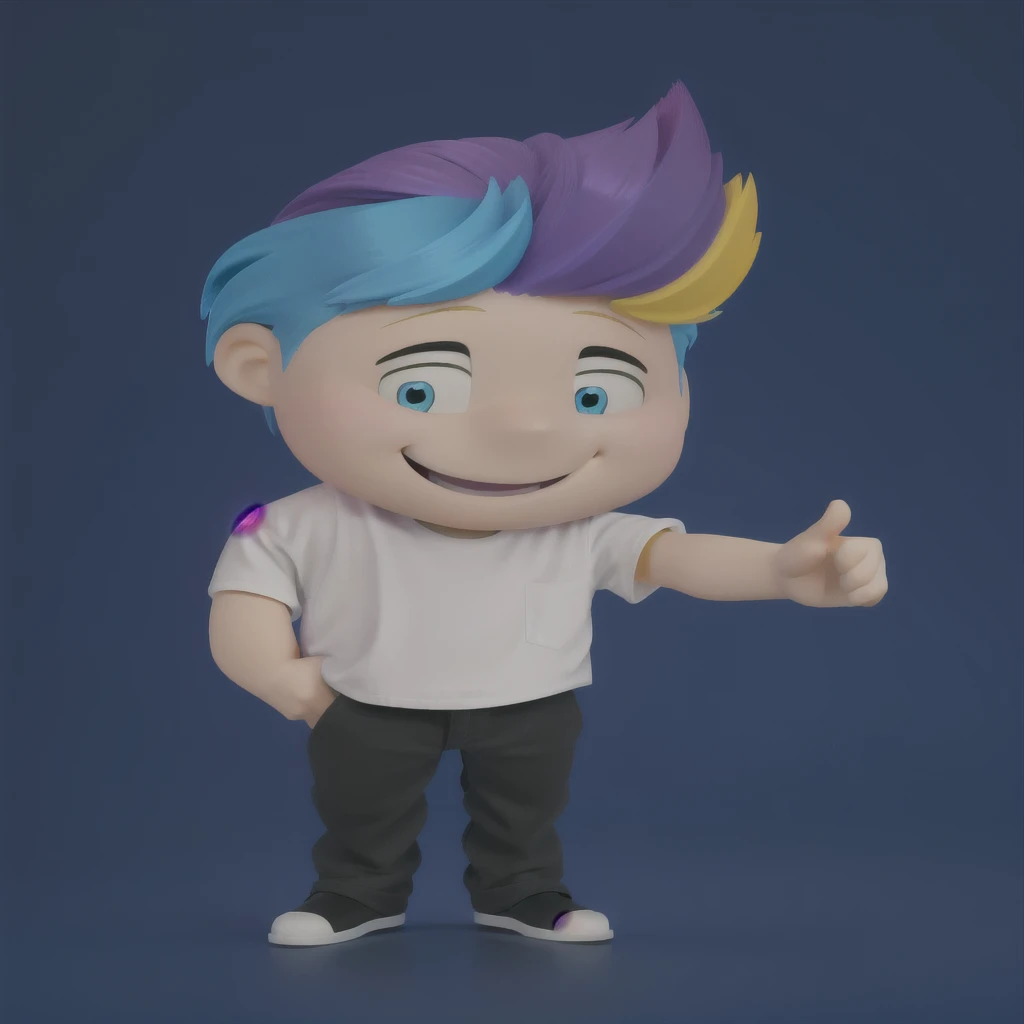 good-great,3d, bright coloured, high qualiy, 1, young man smiling, Big eyes, colored hair, 4 cores CMYK, hair blue, Pink, yellow and black, white shirt, fully body, positive sign, hand in pocket disney pixar style,