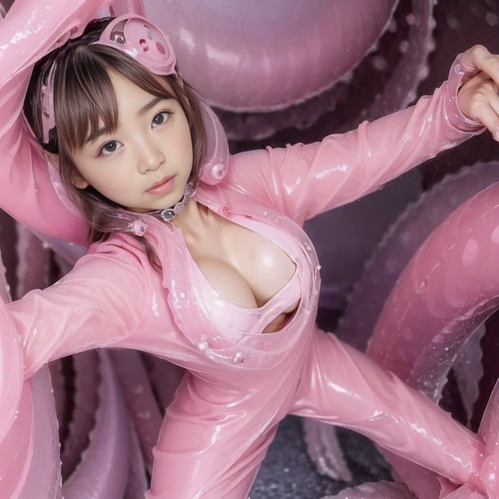 Highest quality，masterpiece，Ultra-high resolution, Very detailed, 8K，a  beautiful Japanese woman:1.5, ((Crucifixion)), Small face，((クロスにCrucifixionにされた女性:1.5, Breast Augmentation Surgery)), (Detailed pink magical girl heroine in jelly tentacle costume:1.5),　Very pleasant look、　Very detailedな臭い脇の下