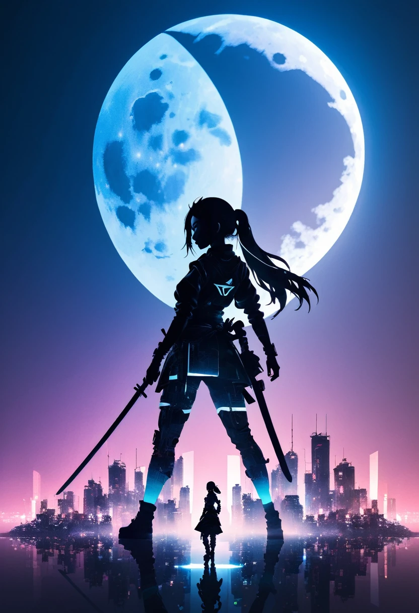  mate piece, silhouette, Kunoichi, logo, monotony, moon, double exposure, cyberpunk city, depth of field, (holographic glow effect), from below, low angle shot, masterpiece,