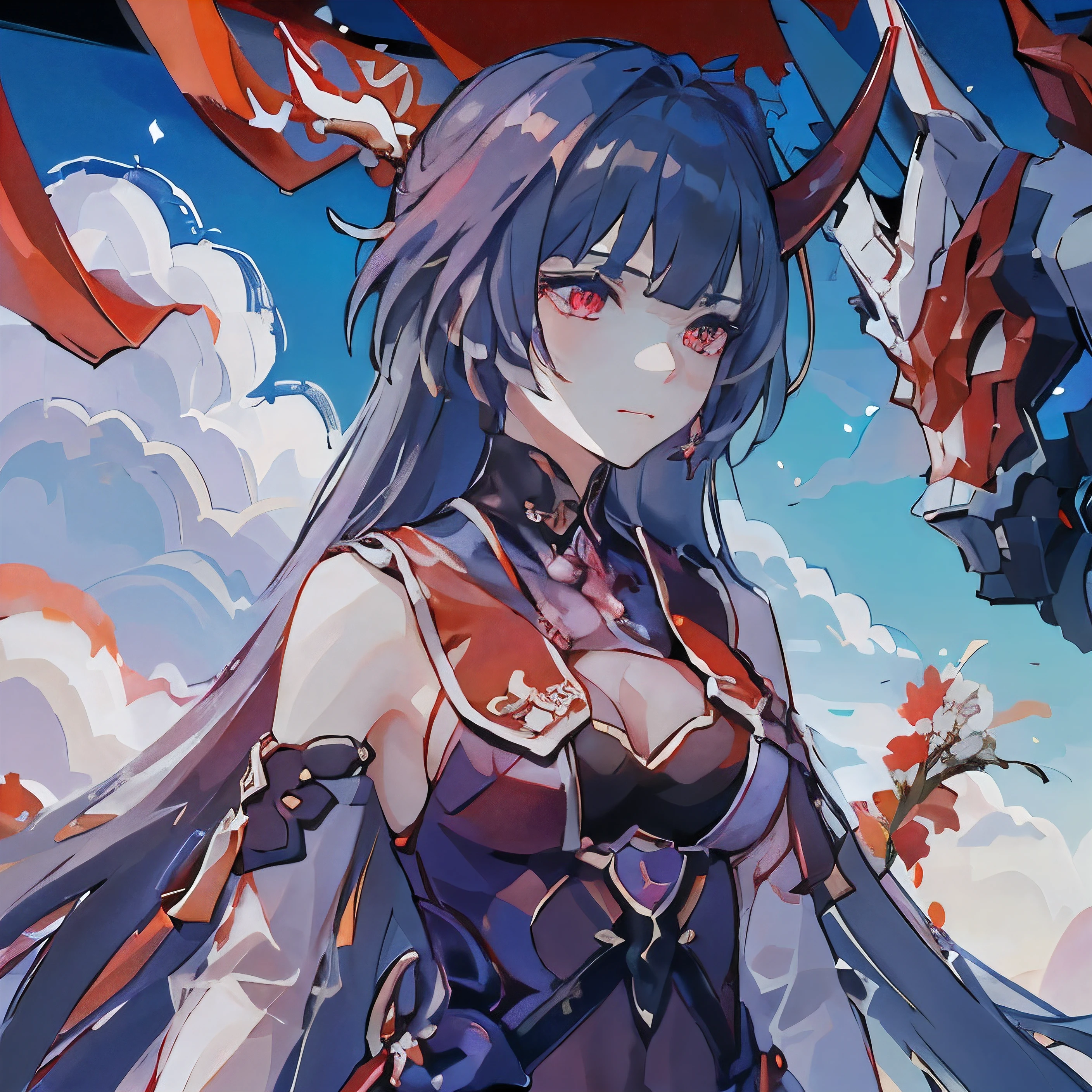 (Masterpiece), (Excellent), (Extremely Fine), White Dew, Square, Looker, (((2 Red Horns))), Upper Body, Flowers, Streamers, Clouds, Details, (((red dress, red armor)))), red thunder, red background