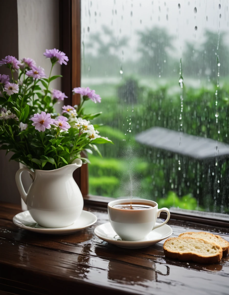 tea and coffee, rainy, background window with rainy cloud. flower on the table with breadth